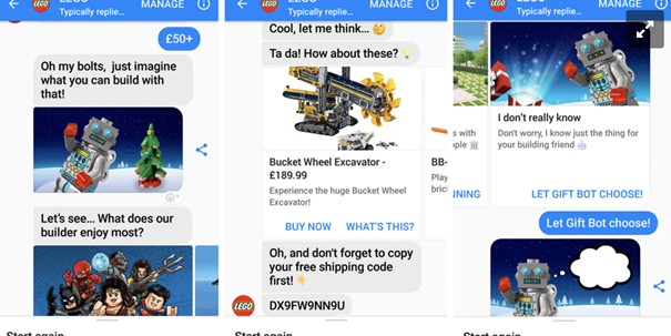 Screenshots of Lego chatbot in action