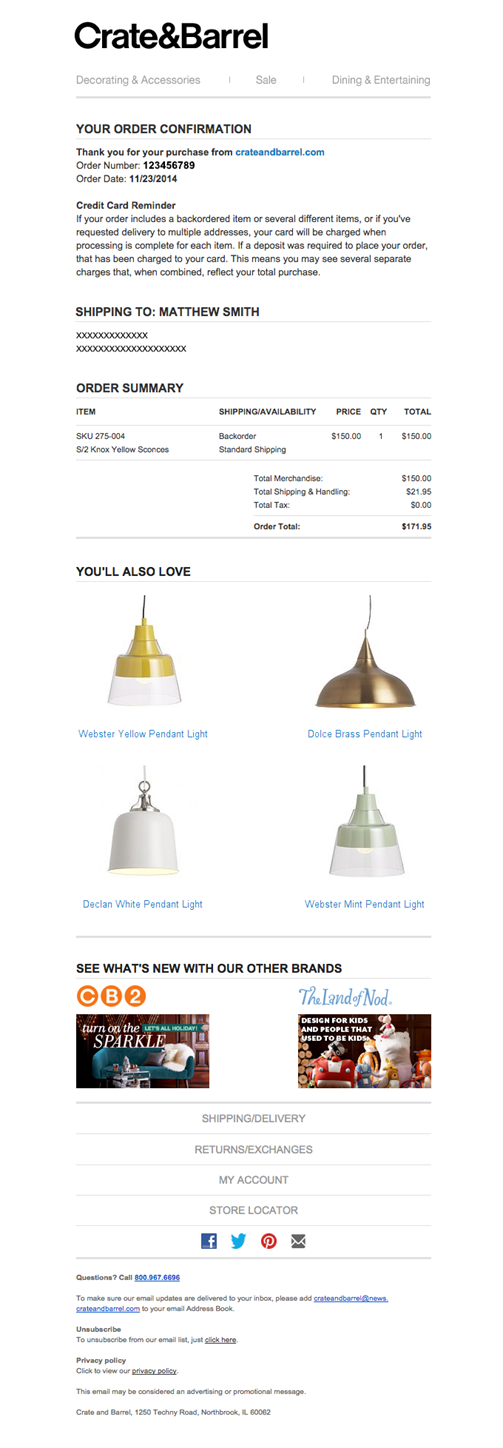 A Crate&Barrel 'Thank You' confirmation email