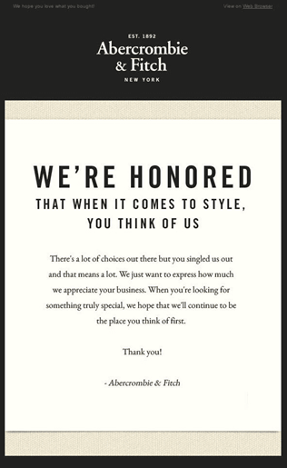Abercrombie & Fitch thank you email