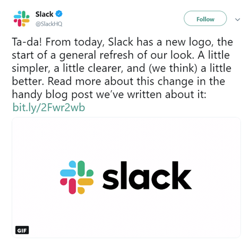 Slack revealing their new logo on Twitter using conversational language