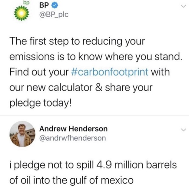BP official tweet with responses highlighting their hypocrisy after Deepwater Horizon disaster