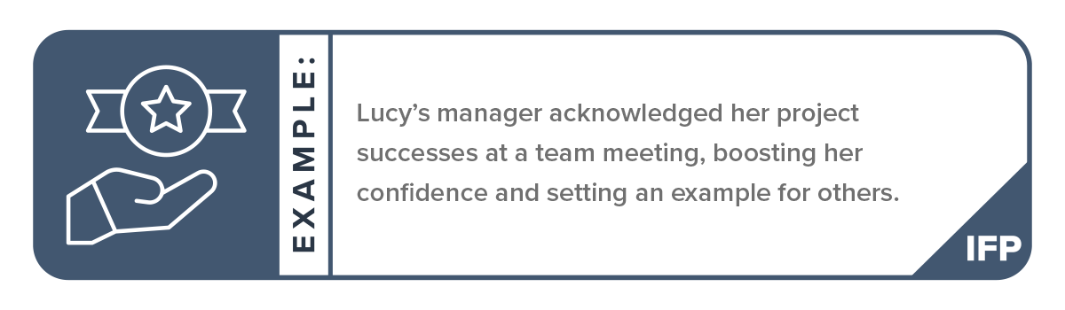 A team meeting scene where Lucy's manager publicly acknowledges her project successes. Lucy appears proud and confident, while her colleagues observe, setting a positive example for the team