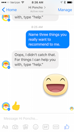 A screenshot example of a chatbot conversation with a bot unable to answer a question properly