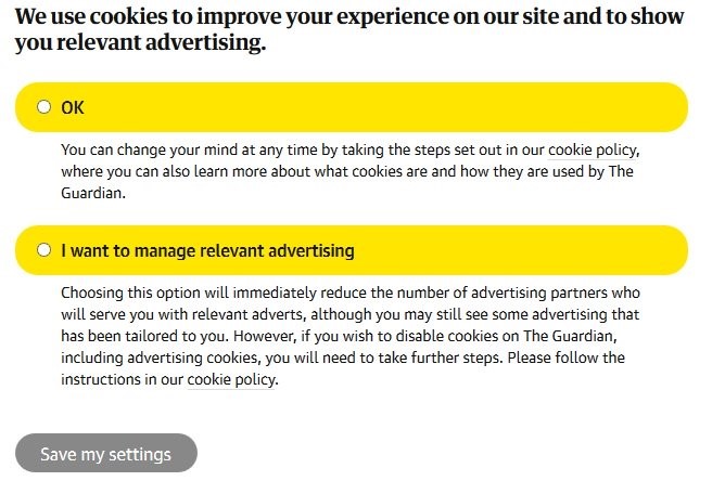 The Guardian's cookie consent form