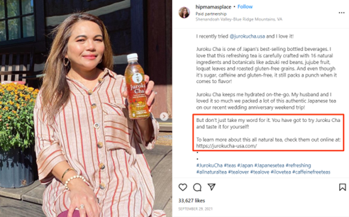 Screenshot of Instagram influencer hipmamasplace and her collaboration with Juroku Cha