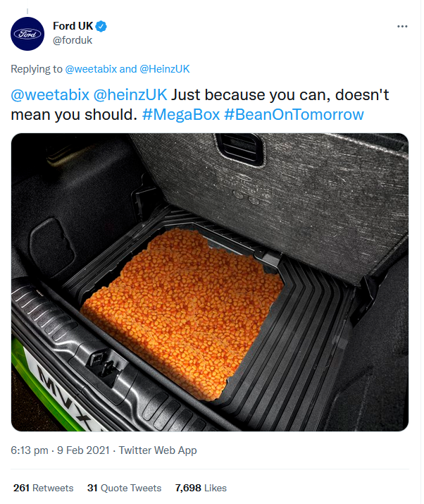 Screenshot of Ford's response to the Heinz Weetabix meme on Twitter