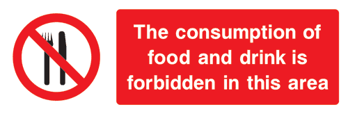 Red circle prohibition sign highlighting that consumption of food and drink is forbidden