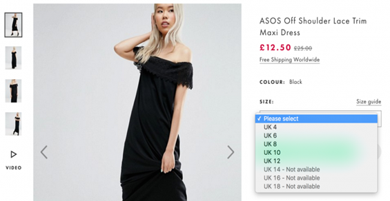 ASOS dress item with a dropdown option for sizes showing their availability