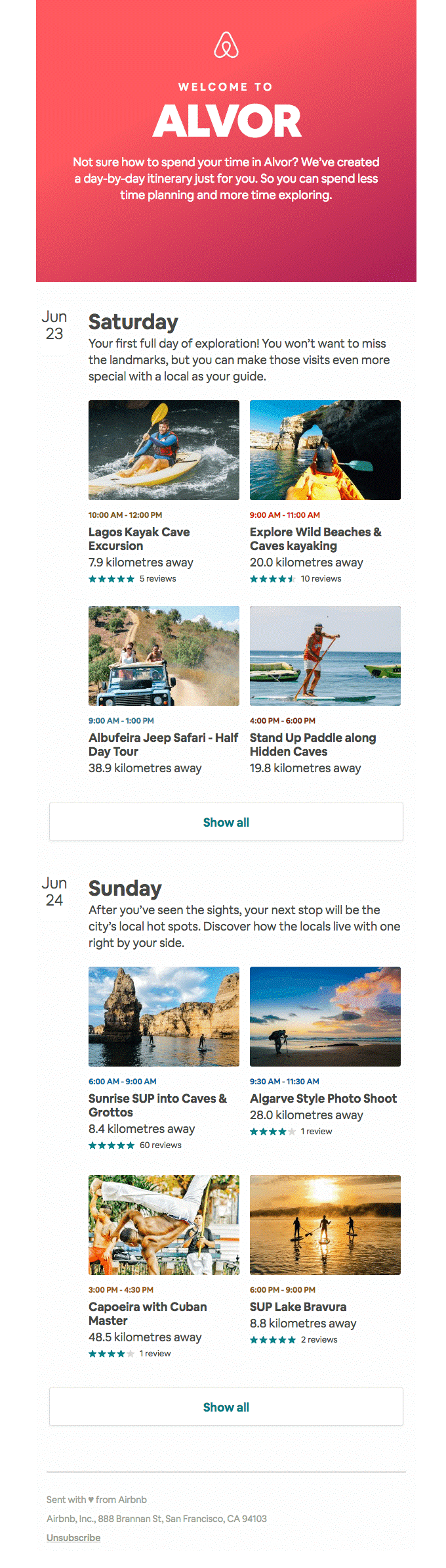 Airbnb email example tailored to subscribers interested in landmarks in Alvor